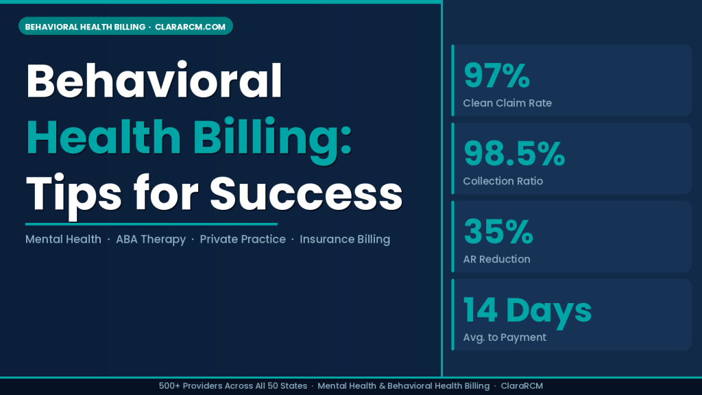 behavioral health billing guide mental health ABA therapy private practice insurance billing ClaraRCM 2026