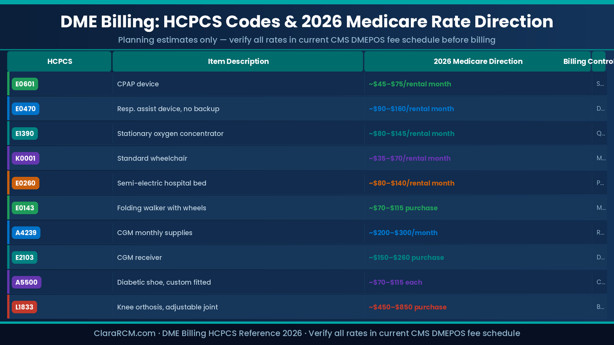 DME billing HCPCS codes 2026 Medicare rates E0601 CPAP E1390 oxygen K0001 wheelchair A4239 CGM L1833 orthosis ClaraRCM