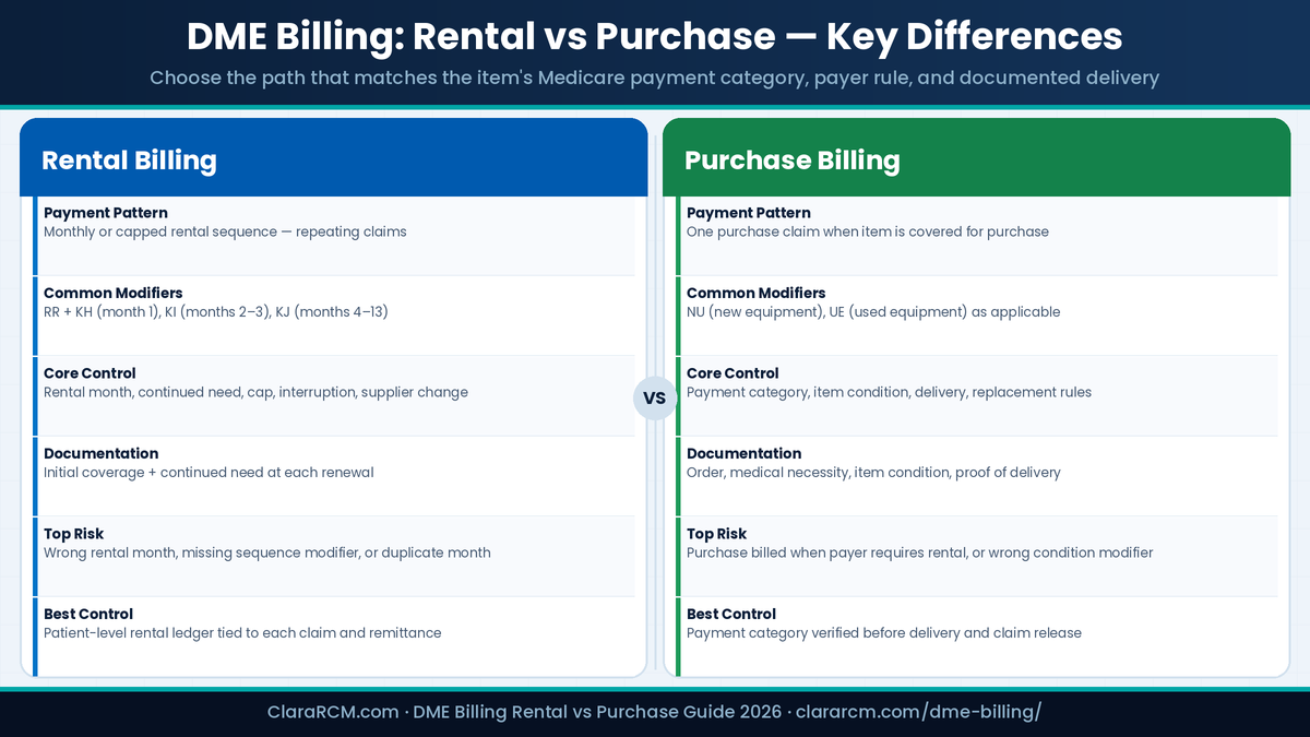DME billing rental versus purchase comparison Medicare modifiers KH KI KJ RR NU UE payment category control 2026 ClaraRCM