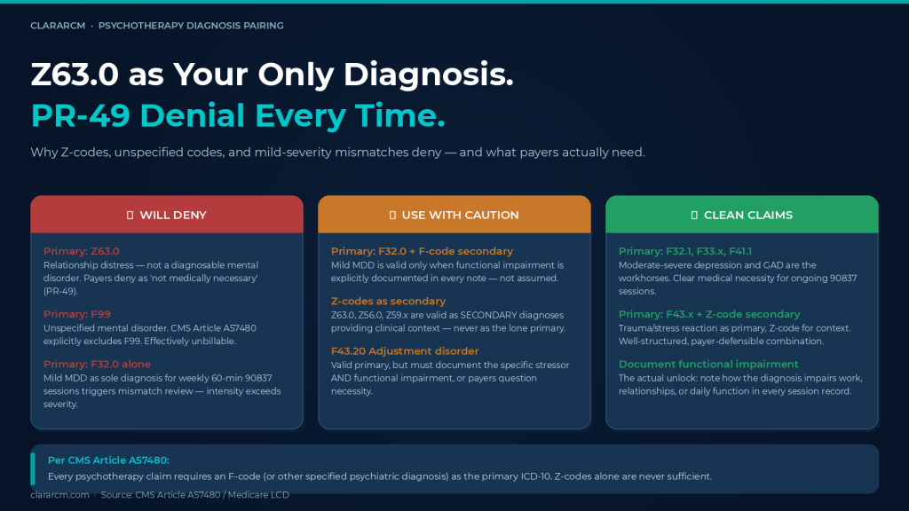 psychotherapy diagnosis medical necessity denial Z code ICD-10 pairing 2026