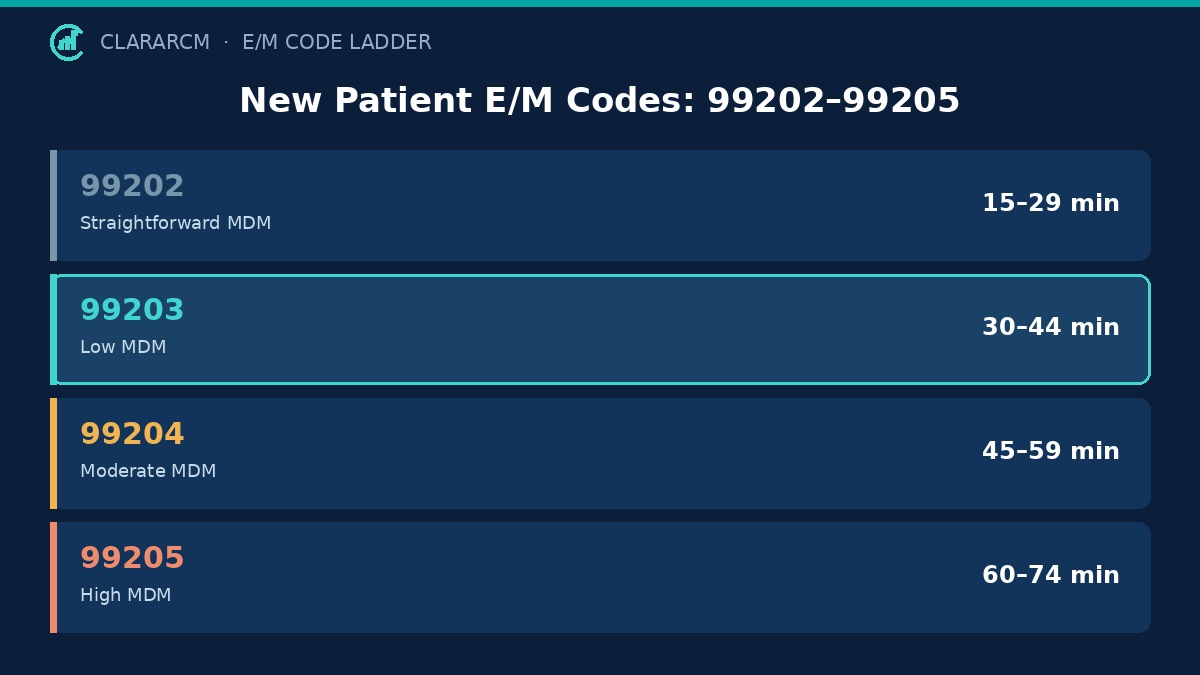 CPT E/M code ladder 99202 99203 99204 99205 new patient time thresholds