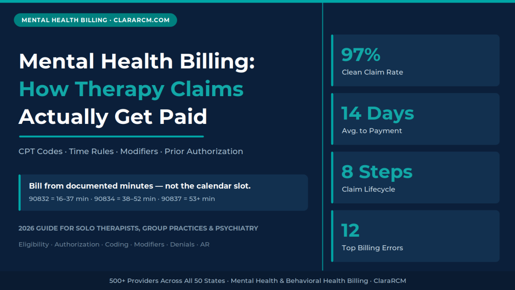 Mental health billing guide 2026 cover showing 97% clean claim rate, 14-day payment average, and CPT time bands 90832, 90834, 90837