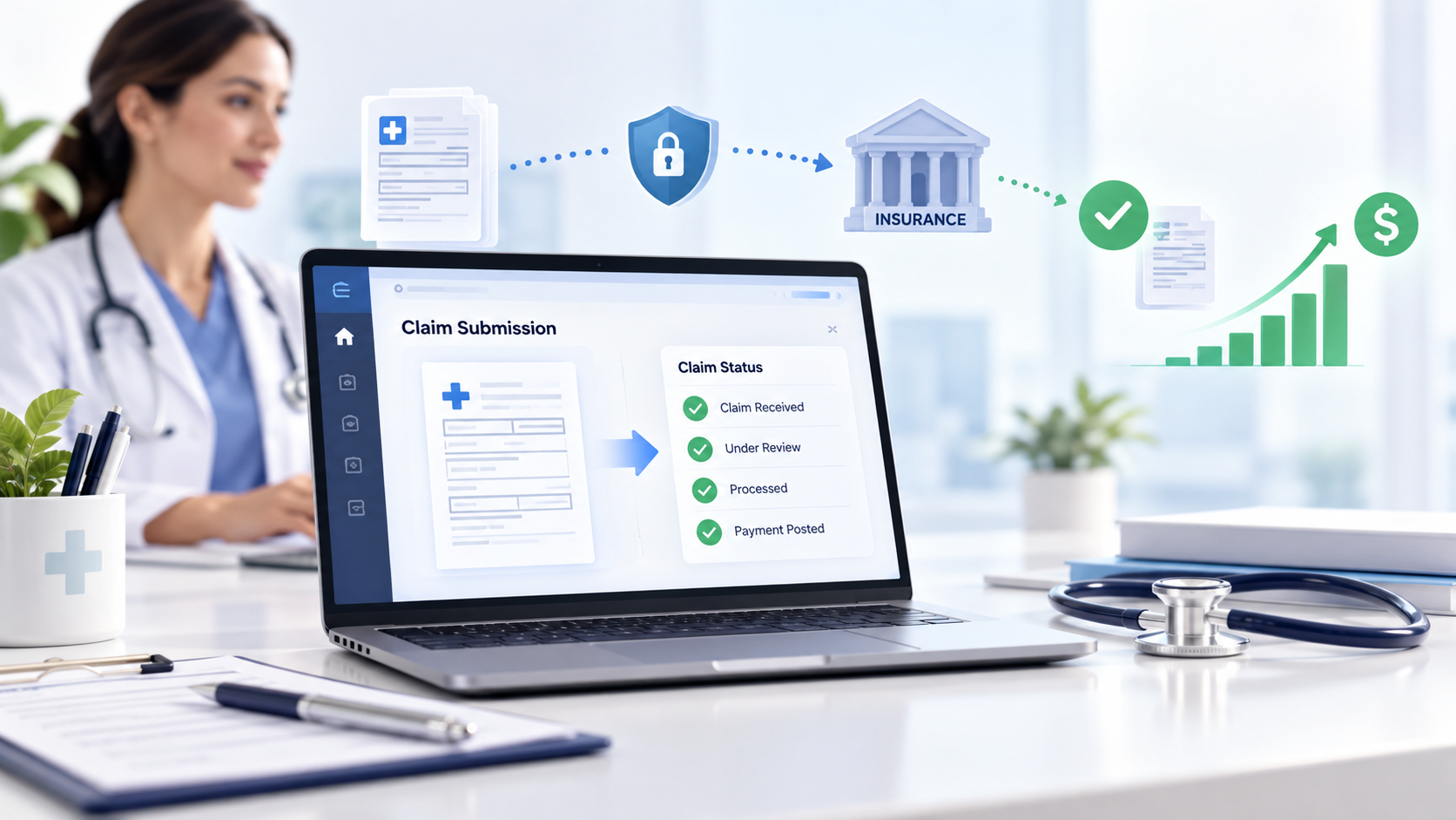 Medical claim submission workflow showing claim review, insurance submission, payer processing and payment